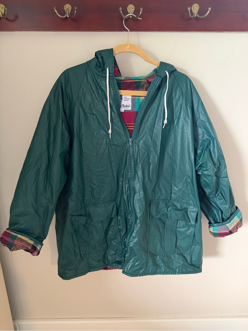 Vintage Misty Harbor Teal Hooded Raincoat with Plaid Lining 3X